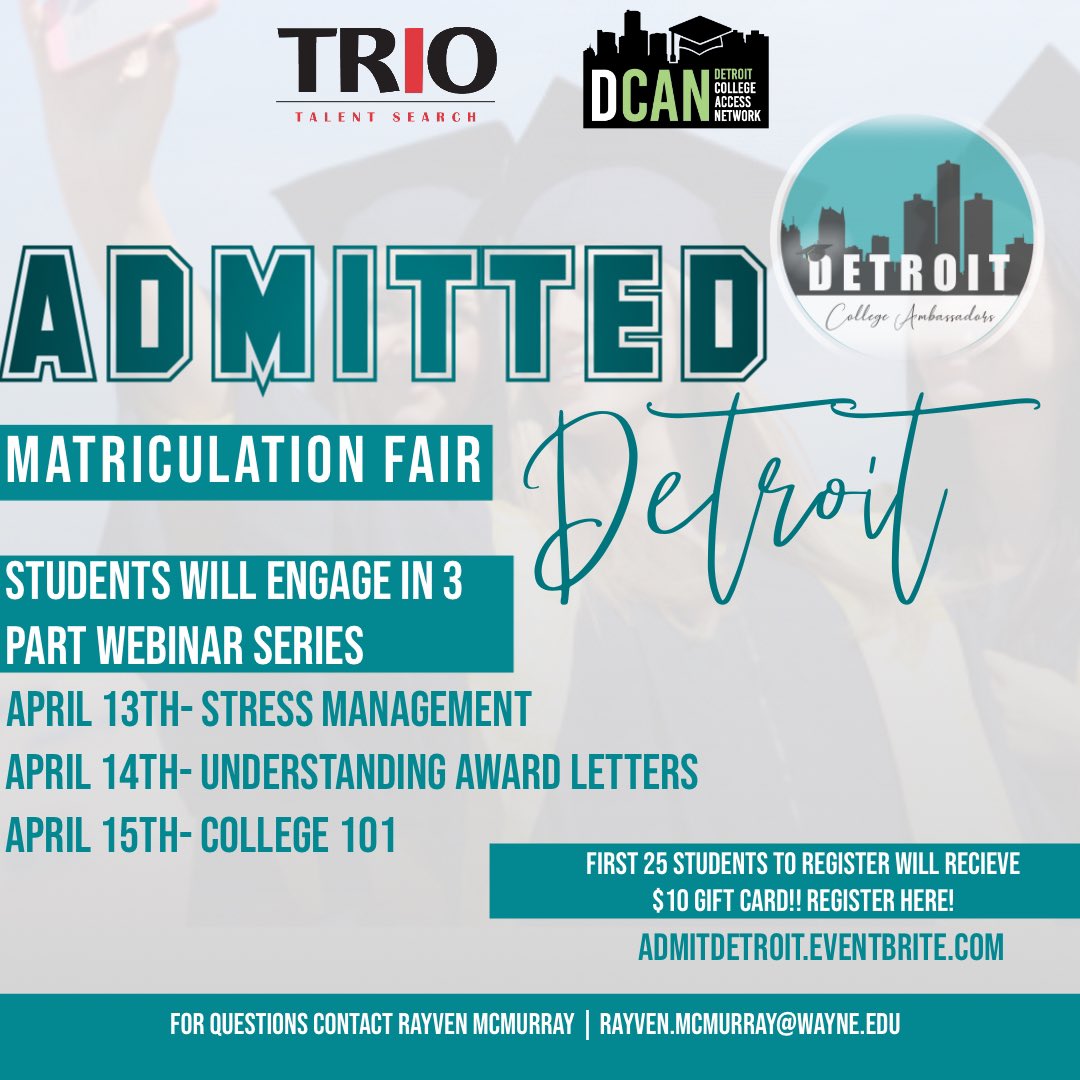 CollegeDetroit's tweet photo. Admitted Detroit goes virtual! Class of 2020, come join us for this 3 Part Web Series where you’ll get all the information you need in regard to your next steps. The first 25 students to register will receive a $10 gift card! Don’t miss out! https://t.co/YqpIIbA5iK