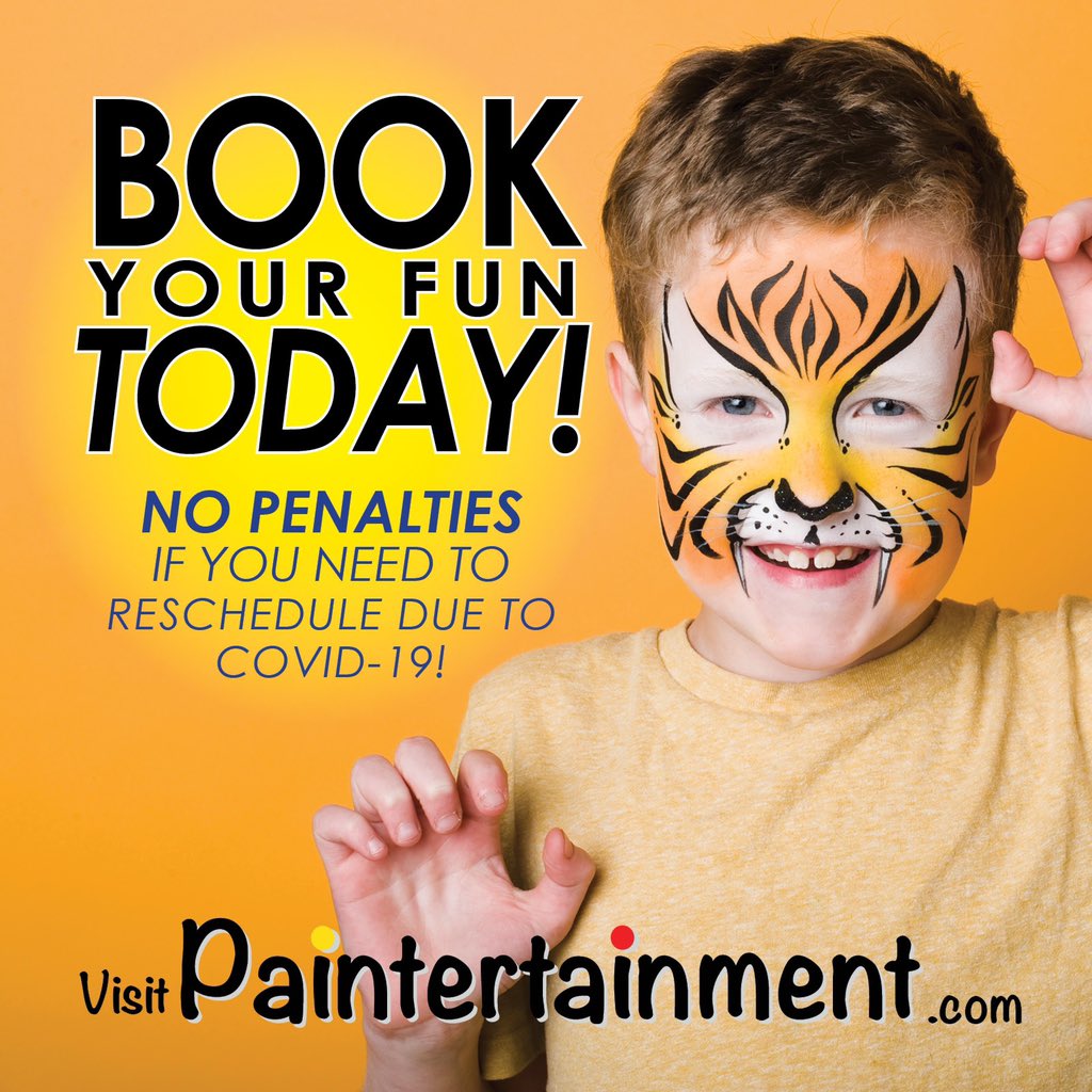 gretchenfleener's tweet photo. You can still book today! If COVID-19 gets in the way, we will allow you to reschedule and apply 100% of your payment to the new, rescheduled date.  https://t.co/O2Ims2kX2W #birthdayparty #birthdaypartyideas #kidsparties #eventplanner #eventplanning #paintertainment https://t.co/hrzcSSZJjv