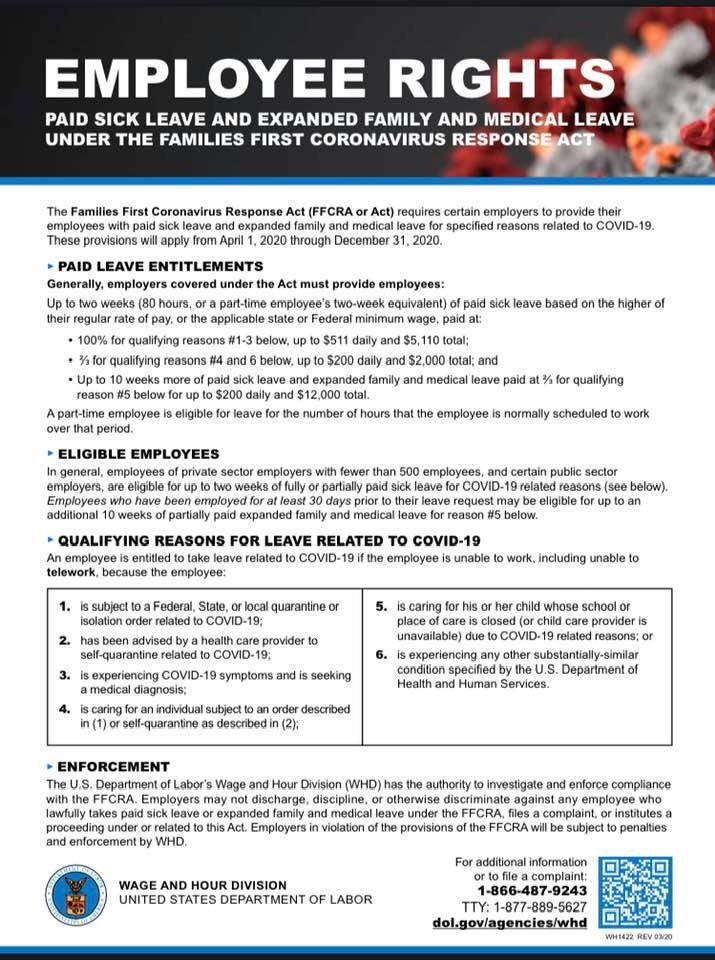 luisenriquefalu's tweet photo. De conformidad con la ley federal "Families First Coronavirus Response Act", todo patrono en PR con menos de 500 empleados está obligado a colocar en su lugar de trabajo y en un área claramente visible para todos sus trabajadores, esta notificación...#PiqueFalú https://t.co/rQQ2Wj3ulG
