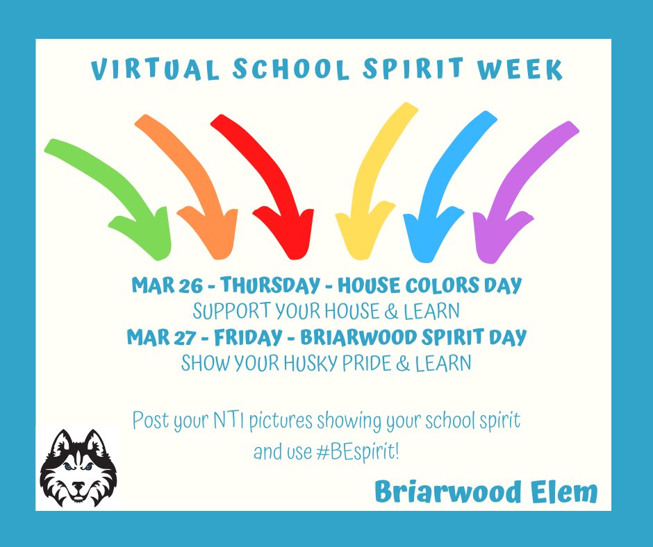 BE_MrJ's tweet photo. @BriarwoodES & @Briarwood_pto - Show us your House Colors tomorrow! Be sure to post your pictures and tag #BEspirit! Virtual School Spirit Week continues...only 2 days left...Support Your House & Learn https://t.co/pTrDTvVxjl