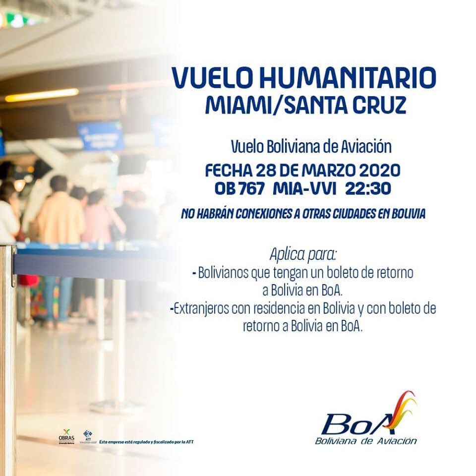 GenesisDnny's tweet photo. Boa ⏩vuelo solidario de Miami a Santa Cruz -Bolivia (Viru Viru ),este 28 de marzo 🤔Miami esta en toque de queda por Coronavirus 🤔🤔🤔🤔🤔 https://t.co/EDtgFifT9T