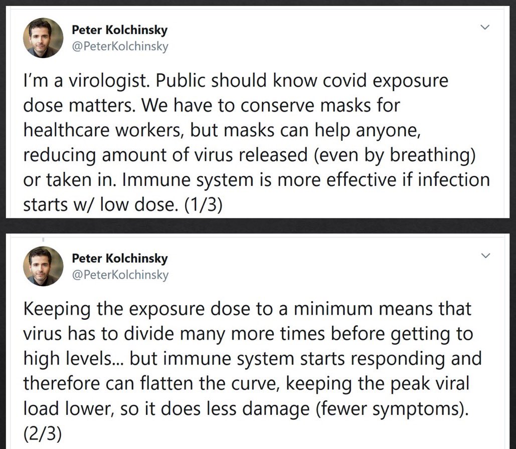 As  @PeterKolchinsky who is a virologist explains here:That basic masks reduce the viral load, and wearing even a cotton masks can help reduce being greatly attacked by a  #virus, which is what your body needs!/12