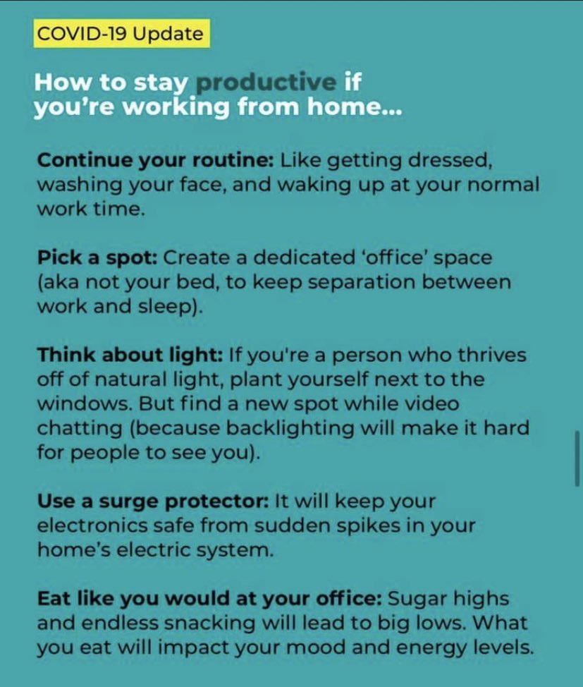 ATCjamieb's tweet photo. While this list is for “working” from home, it can also work for “schooling” from home! Sometimes routine is really important and the best way to feel “normal” at this time. And don’t forgot: wash your hands 😉 #COVID19sucks #stayinorder #wecandothis https://t.co/g1IXs2d7LF