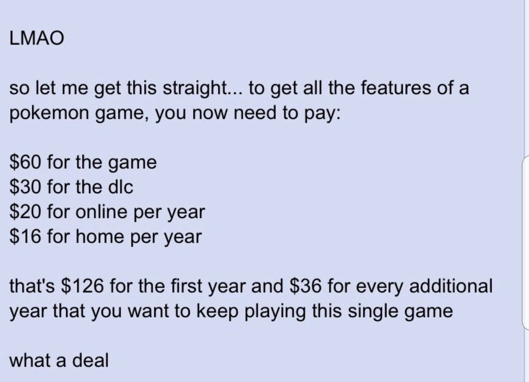 anonymousimd's tweet photo. @Pokemon Lets think about how USUM (Outdated 3DS) still has more mons than a $60 2019 Switch game on a current gen console. And how 1 user can spend up to $126 just for all features.
Gamefreak prioritizing profit > content.
Stop being anti-consumer and #BringBackAllMons https://t.co/opm8wjR436