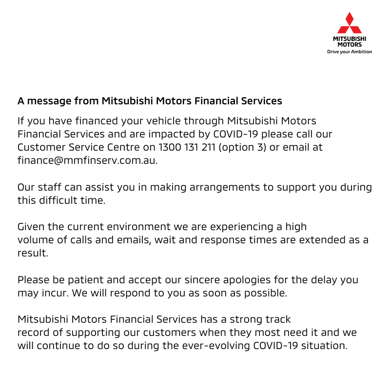 Mitsubishi Motors Financial Services are here to help. Please call the customer service team for assistance if you require support. #Covid19 #Coronavirus