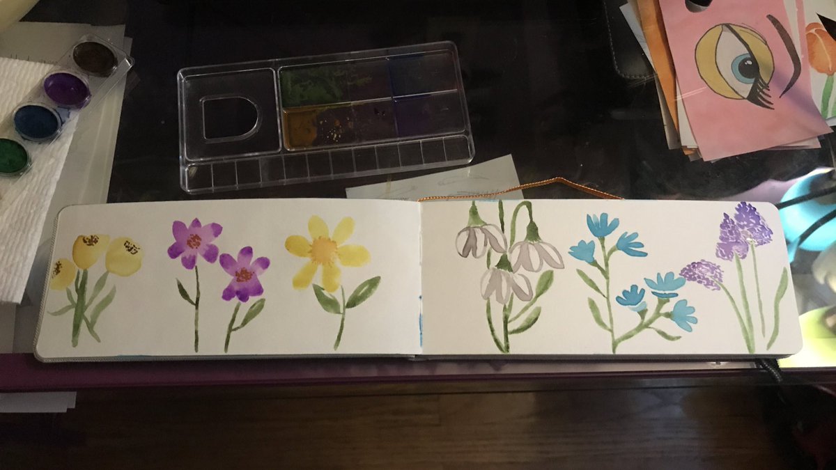 day 9, march 25th: surprise surprise more watercolor flowers, from  @ShaydaCampbell video i followed: also shoutout to  @hoecatastrophe who hung out with me via facetime while i painted