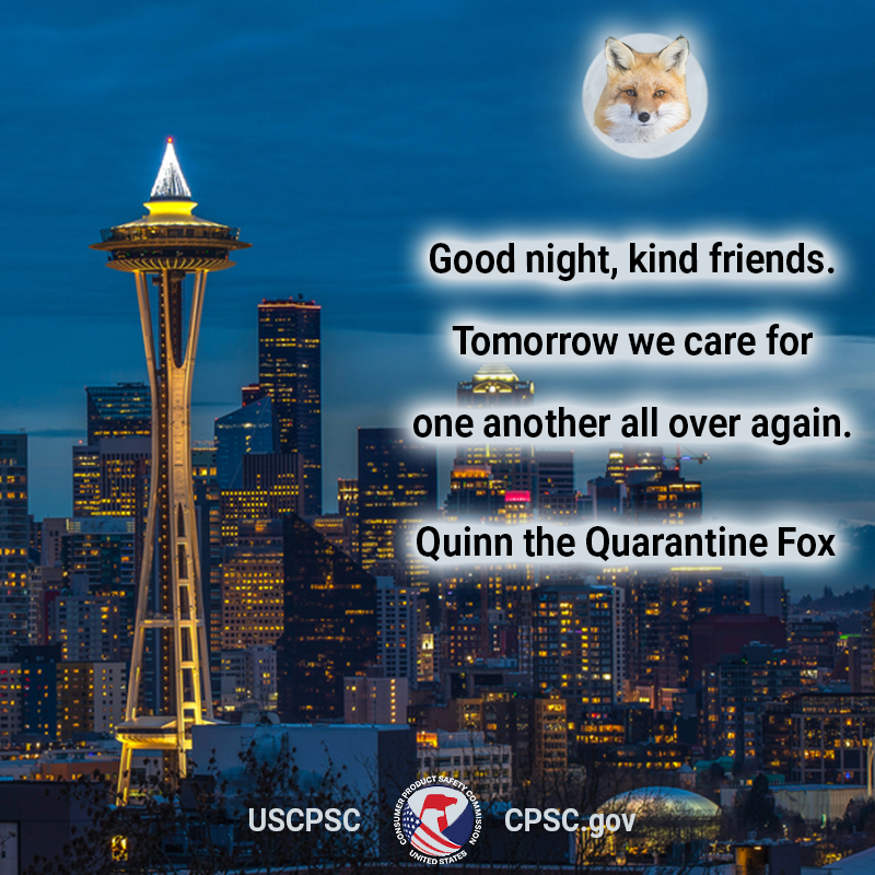 Seattle with the moon rising overhead. There is a fox in the moon. The text reads: Good night, kind friends. Tomorrow we care for one another all over again. Quinn the Quarantine Fox.