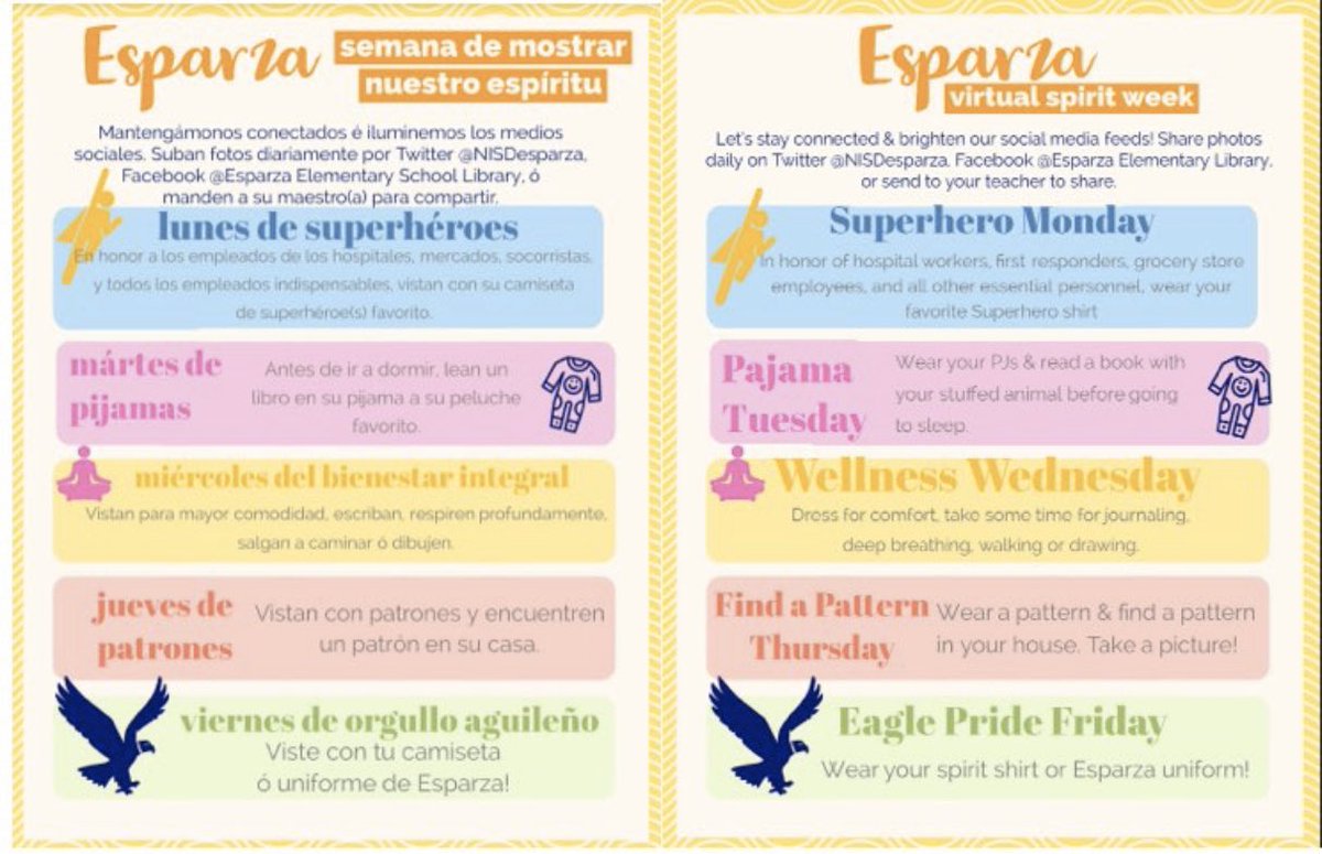 NISDEsparza's tweet photo. Join us for our Virtual Spirit Week next week! Share your photos with us. #EsparzaDistanceLearning https://t.co/SWlOlgiYIT