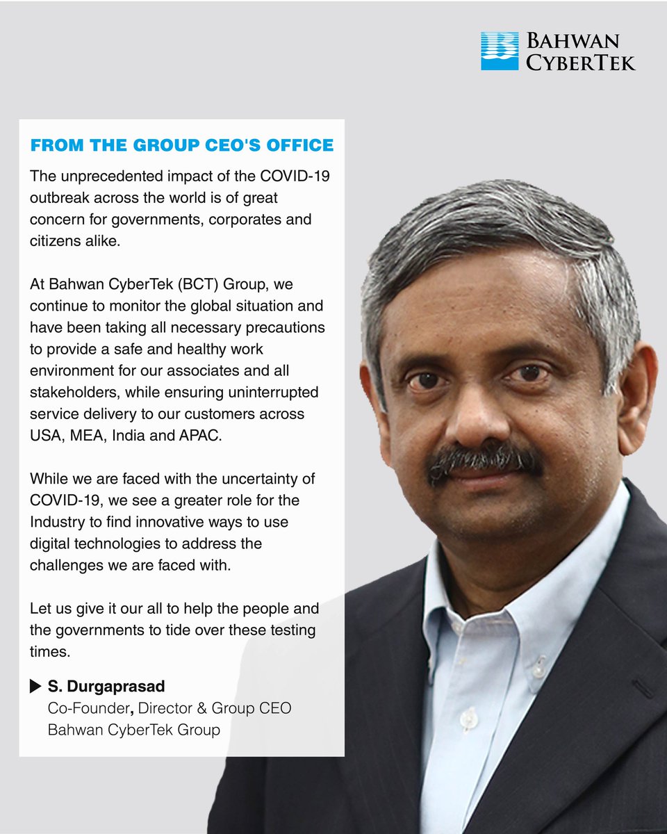 BCTglobal's tweet photo. A message from our Co-Founder, Director and Group CEO Mr. S. Durgaprasad:
___________
#BCT #BahwanCyberTek #BCTGlobal #BCTians #Corona #COVID19 https://t.co/SAwHj47Je5