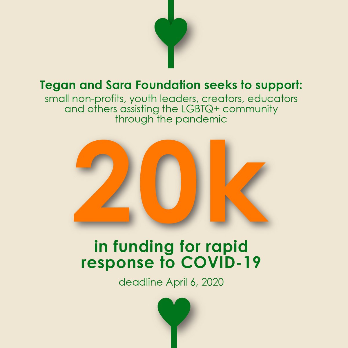 teganandsarafdn's tweet photo. TSF Community Grants: $20k in funding for rapid response to #COVID19. We want to support small nonprofits, youth leaders, and others assisting the #LGBTQ+ community through the pandemic. Deadline: April 6, 2020. Visit https://t.co/S0aeY8iqak to learn more! #TSFCommunityGrants https://t.co/dMNsHkRFA2