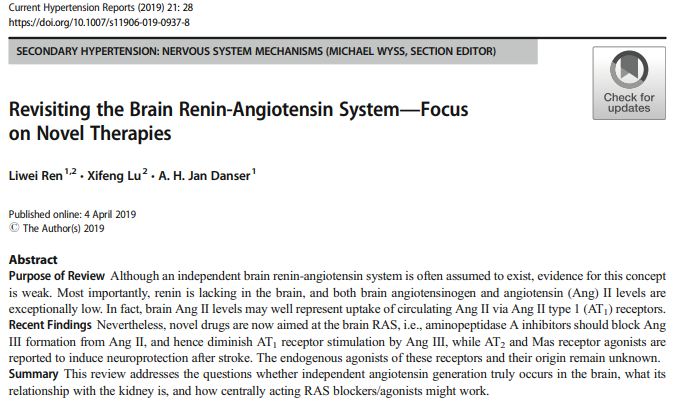 Revisiting the Brain Renin-Angiotensin System—Focus on Novel Therapies"evidence that angiotensin synthesis occurs independently at brain tissue sites is lacking. Renin is absent & brain angiotensin levels are exceptionally low as compared to other organs" https://www.ncbi.nlm.nih.gov/pmc/articles/PMC6449495/