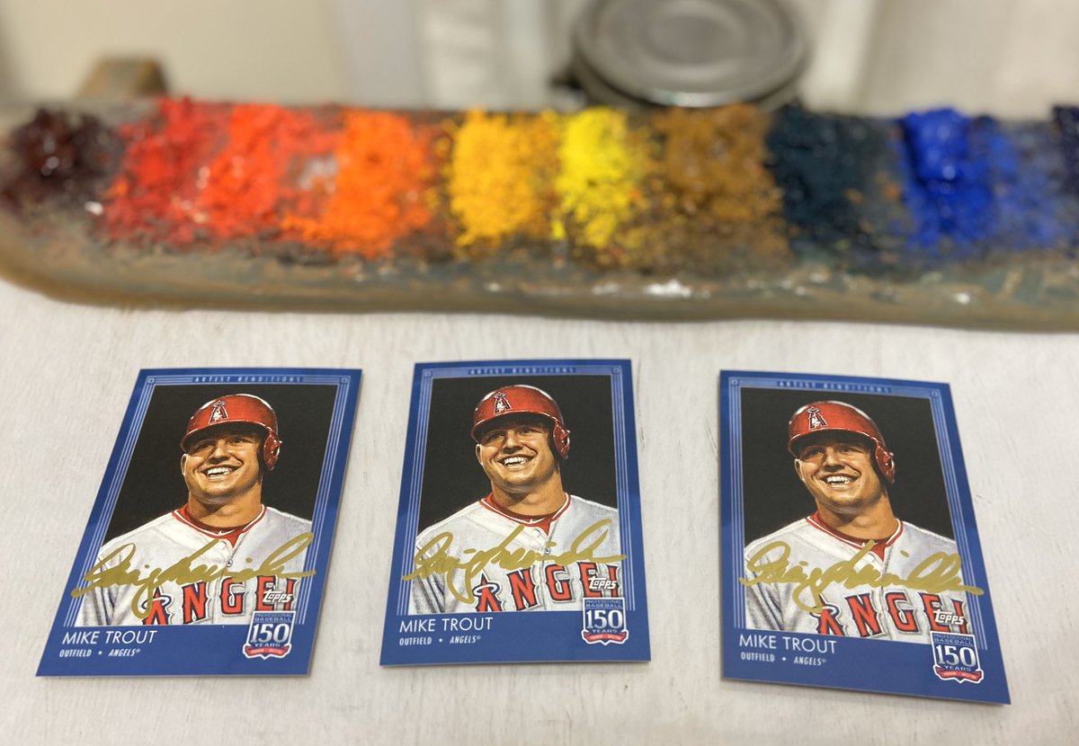 GraigKreindler's tweet photo. Follow me and retweet this before 9:00 PM EDT on Monday, March 30th and I'll pick three random winners. Each will receive a Mike Trout @Topps card signed by the guy who painted it (me)! https://t.co/r03WMsCJTa