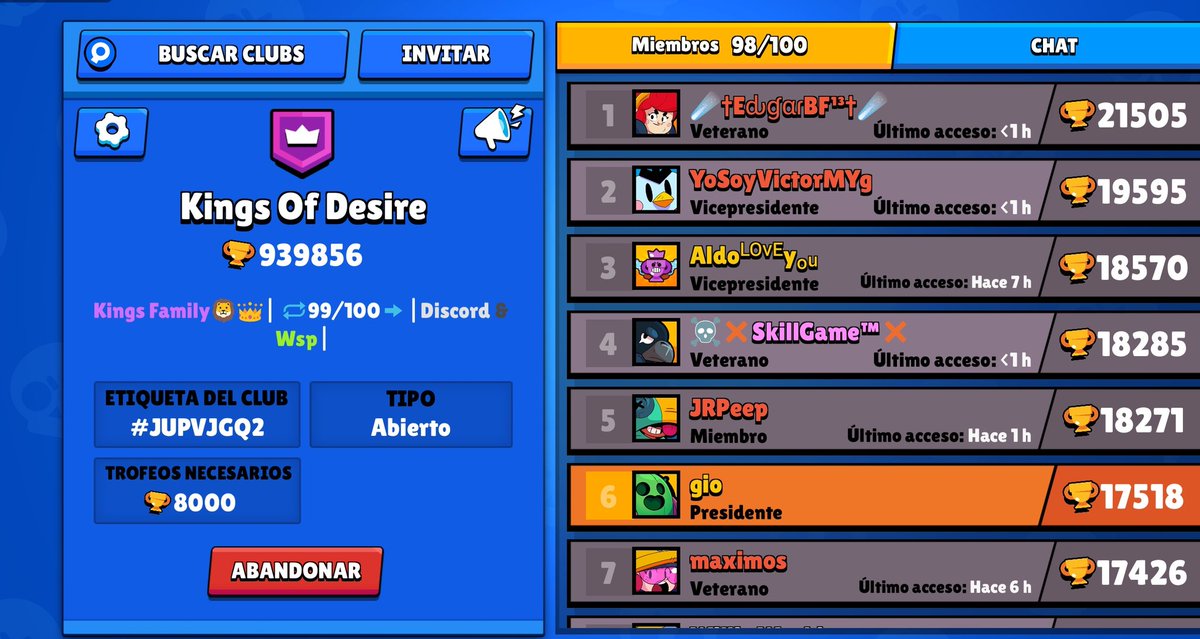 ¡NUEVO PROYECTO DE KINGS FAMILY!

Los invitamos a formar parte de Kings of Desire 🙌🏻

》 Mínimo 8k trofeos 
》 Grupo de whats 
》 Server en discord 
》 Equipo competitivo
》 Torneos 

#GoKOF 👑