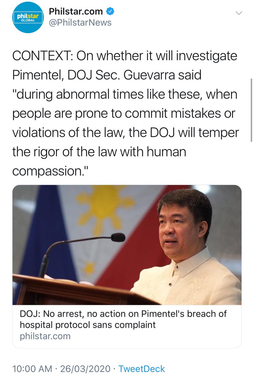 DanSantos8's tweet photo. Guevarra on Koko Pimentel, "...the DOJ will temper the rigor of the law with human compassion."

PSG is considering filing charges against Rep Eric Yap, who tested positive for COVID-19, after he attended a meeting in Malacñang.

2 faces of the law.

#KokoKulong https://t.co/2TKqTMNWTc
