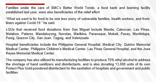 newswatchplusph's tweet photo. San Miguel Corporation is donating 560,000 kilos of rice to various communities throughout Metro Manila as part of its ongoing initiative to help mitigate the impact of COVID-19 on the hardest-hit Filipino families.

Follow our live blog for more updates: https://t.co/TX5uomk6fQ https://t.co/SxSaiBhf8a