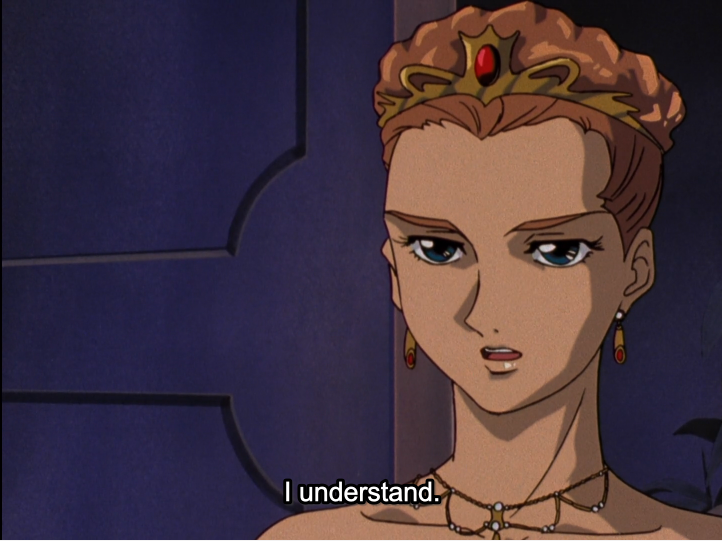 After giving up on her Kingdom and becoming a Queen, Relena gives that up when Treize—who's been mostly a non-character—just says she's no longer needed. No argument, not even a discussion. I didn't cut out anything between these images.It's maddening.