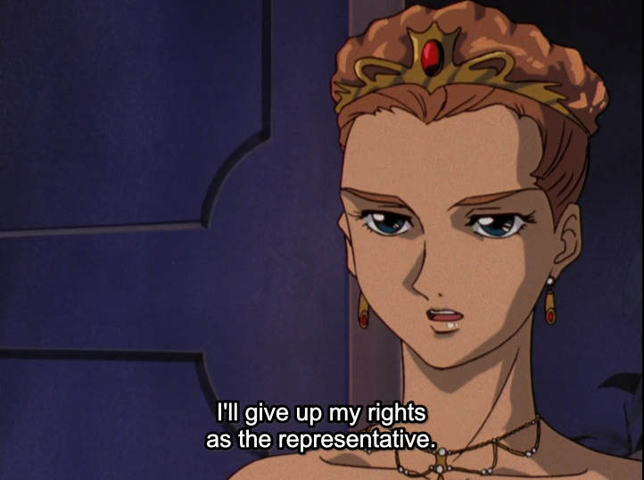 After giving up on her Kingdom and becoming a Queen, Relena gives that up when Treize—who's been mostly a non-character—just says she's no longer needed. No argument, not even a discussion. I didn't cut out anything between these images.It's maddening.