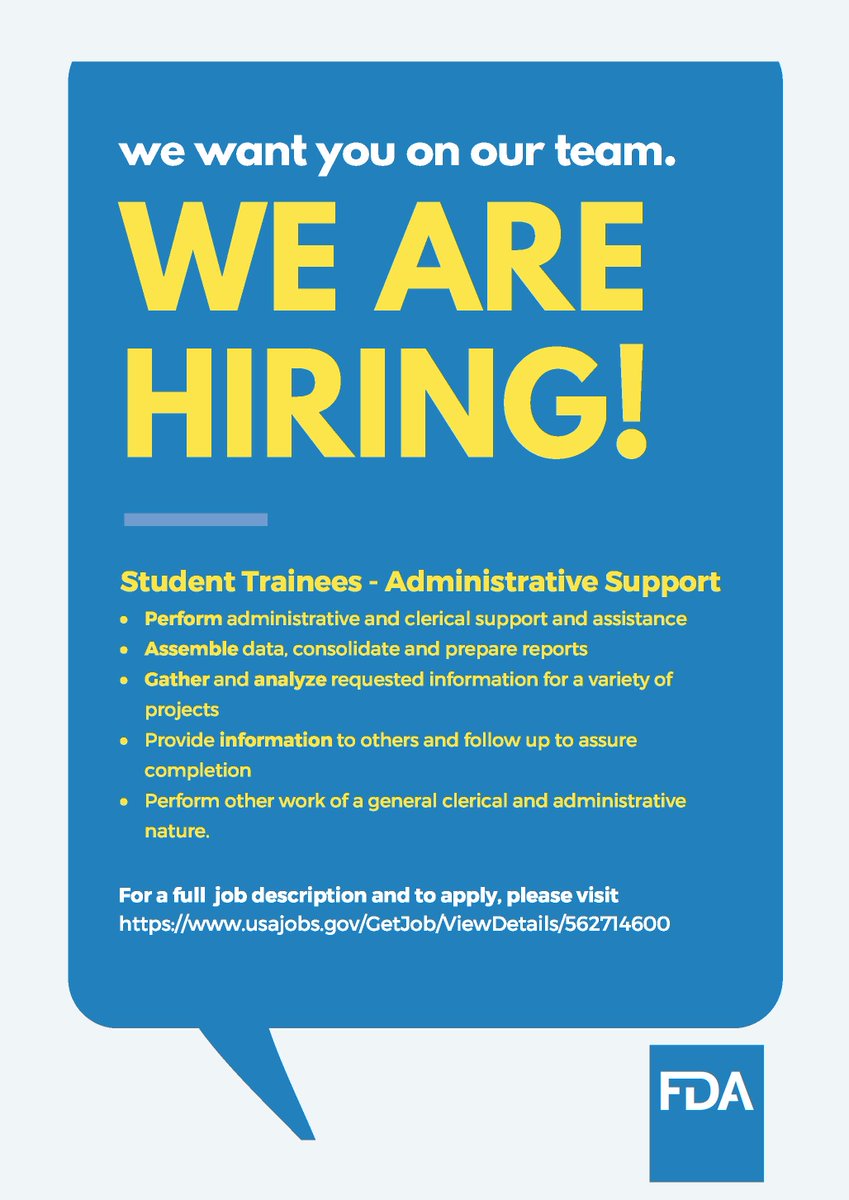 FDAJobs's tweet photo. CALLING ALL #STUDENTS! We're now accepting applications for our Student Trainee (Administrative Support) position! #LearnMore about this exciting opportunity and #ApplyToday! https://t.co/rwbnyfHfsl #FDAJobs #HiringNow #CallingAllStudents #Internship #Pathways https://t.co/ZGanBoHJAB