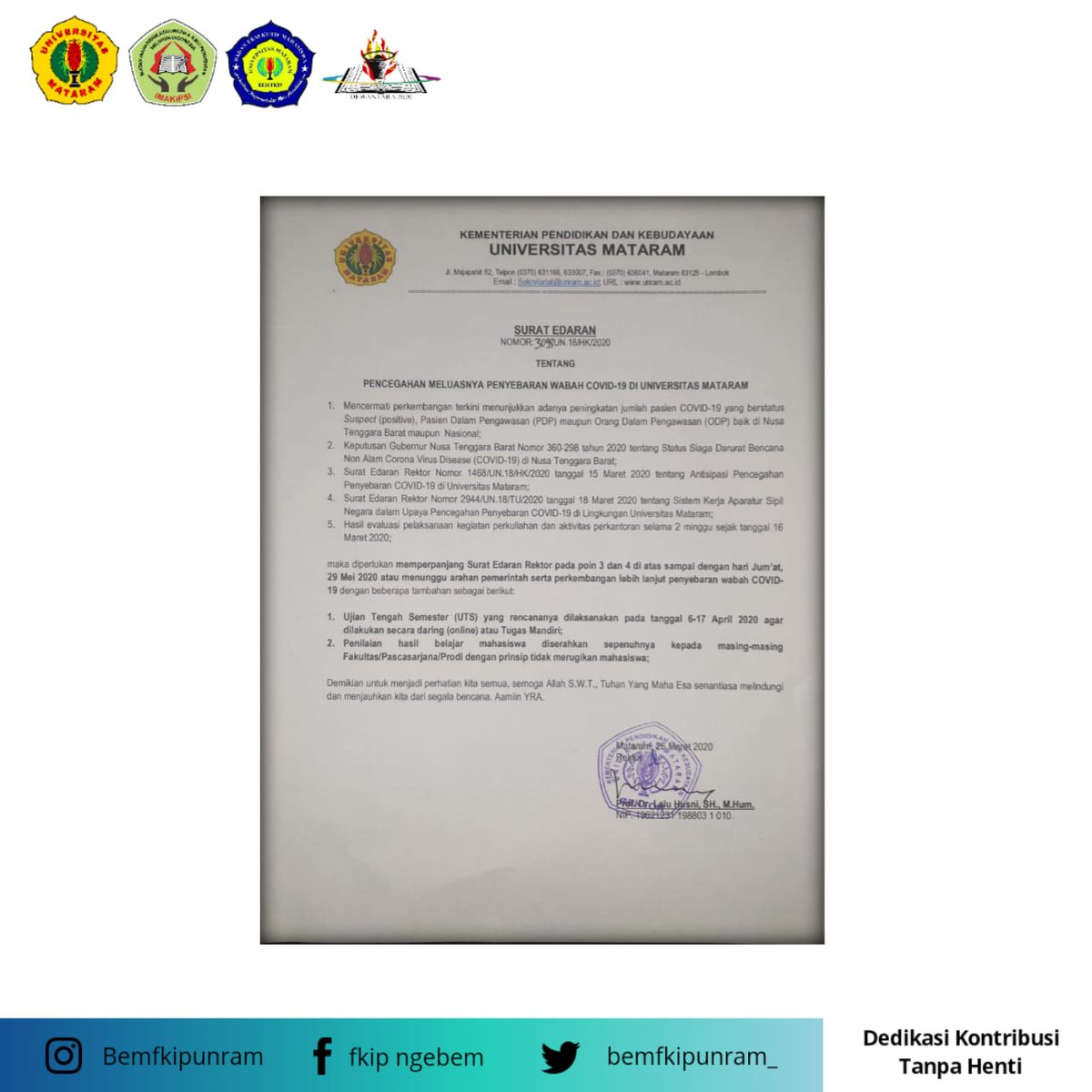 bemfkipunram_'s tweet photo. [PERPANJANGAN STATUS KEADAAN DARURAT BENCANA WABAH PENYAKIT COVID-19]

#BEMFKIP
#KabinetDewantara2020
#SayaMahasiswaFKIP https://t.co/SRkUnffzCI
