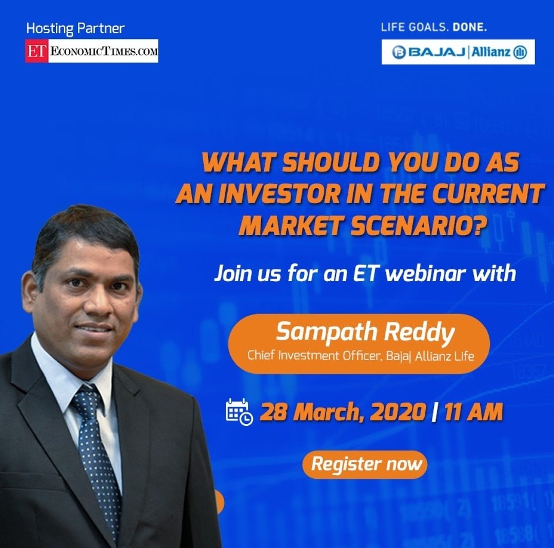 bajajlife_in's tweet photo. Worried about your investments? Watch @SampathReddy11, our CIO - share his expert advice on "What investors should do in current market scenario?" webinar with the Economic Times at 11:00 am, Sat, 28th March. Register!
https://t.co/9LujbMz82b

#LifeGoalsDone #Markets #Sensex https://t.co/Oaqa65P1BA