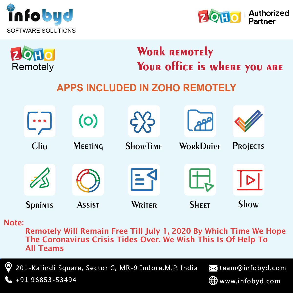 InfobydTeam's tweet photo. You can use Zoho Remotely free of cost till 1st July 2020.!!
For any query click: https://t.co/tFAJNOQddm or call 9685353494
#Infobyd #Zohoservices #ZohoCRM #Zohoauthorizedpartner #CRM #ZohoProject #ZohoMeeting #ZohoShowtime #ZohoAssist #ZohoWorkdrive #ZohoSprint #ZohoShow https://t.co/V1wuLB3pC7