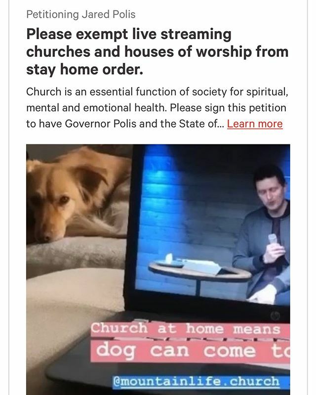 NateMorris5's tweet photo. Hey there folks! Colorado is now under a stay-home order, which I actually agree with. BUT, the small teams who run livestream services for church are not exempted from this order, as they are not considered "essential services" - would you please sign a… https://t.co/nrokr6a8bl https://t.co/FUkEpt358c