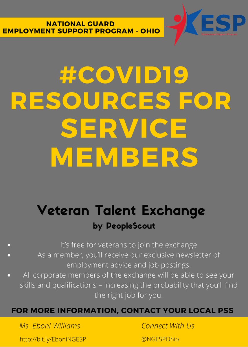 ohio_esgr's tweet photo. Looking for employment?  Our partners at @PeopleScout have a great resource to match you w/ potential employers.   
#InThisTogetherOhio #HireAServiceMember #NGESP #PeopleScout #Covid19OhioReady #Covid19 #Hiring #HireMilitary #JobSearch #ESGR #OhioMeansJobs @OhioOWT @OMVetJobs https://t.co/cWXCPbbZkp