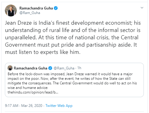 Exhibit 32Jean Dreze is a poverty porn economist.Guha is India's whiner. https://twitter.com/AbhinavAgarwal/status/1242475593200857089