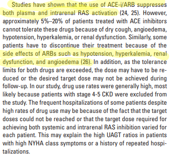 Relationship between intrarenal renin-angiotensin activity & re-hospitalization in patients w/ heart failure w/ reduced ejection fraction"some...discontinue...because of...side effects of ARBs...hypotension, hyperkalemia, renal dysfunction & angioedema" https://www.ncbi.nlm.nih.gov/pmc/articles/PMC5864771/