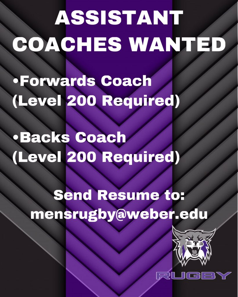 ASSISTANT COACHES WANTED: We are looking for Assistant Coaches who have experience in respected positions listed. For questions email mensrugby@weber.edu #usarugby #utahrugby #rugby #rockymountainrugby
