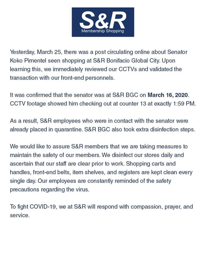 i_amintrovert's tweet photo. S&amp;R confirms Senator Koko Pimentel was seen shopping at their BGC branch on March 16, 2020. 
Lagot na! 
#KokoKulong https://t.co/BU6xPaN5nO