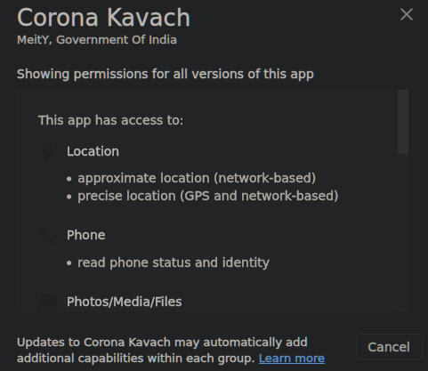 The Corona Kavach app needs access to - Location (Netowrk and GPS)- Phone Status and identity.- Bluetooth- Full Network access.but....