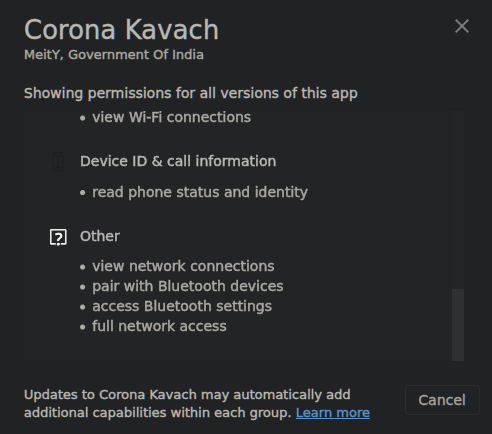 The Corona Kavach app needs access to - Location (Netowrk and GPS)- Phone Status and identity.- Bluetooth- Full Network access.but....