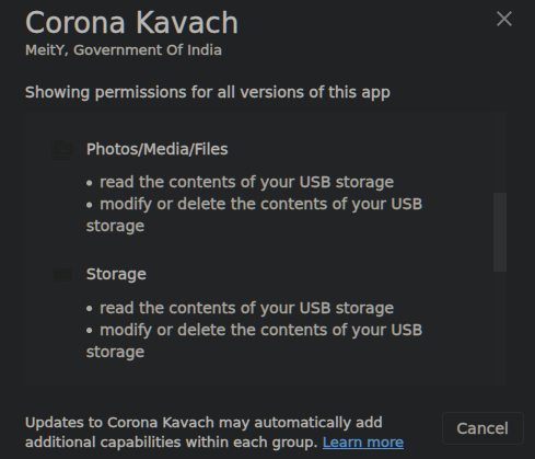 The Corona Kavach app also wants access to your phone storage and all your personal photos/medias and files.There is absolutely no justification for any govt. app needing this kind of access into a citizens personal data.