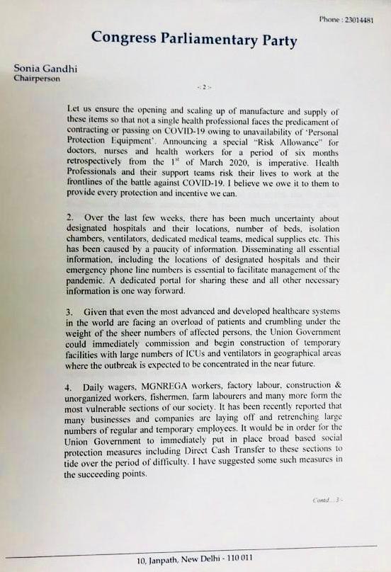 INCIndia's tweet image. Congress President &amp;amp; CPP Chairperson Smt. Sonia Gandhi writes a letter to PM Modi with suggestions that the govt should immediately undertake in this lockdown period.