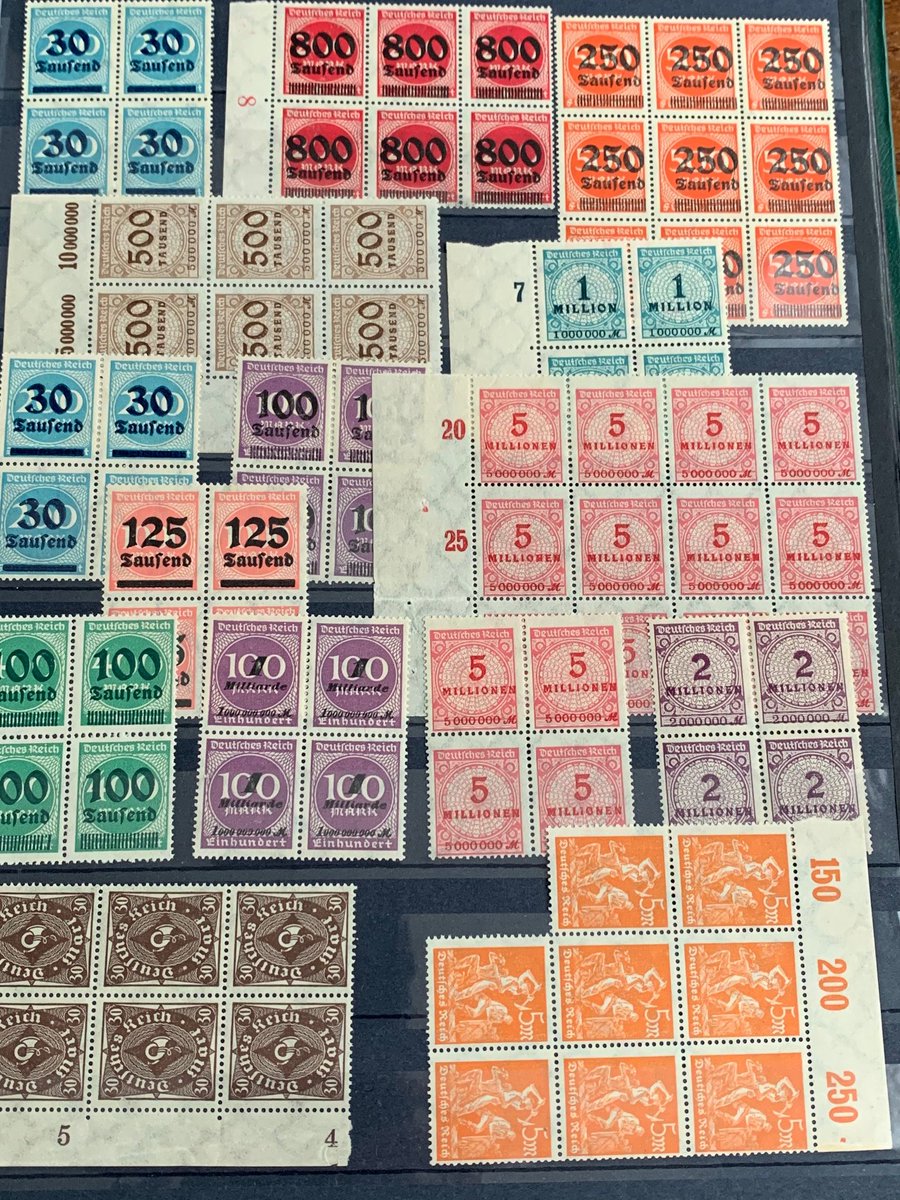 stampioo's tweet photo. Some German inflation blocks of 4 (and more) stamps... enjoy looking at these! #philately #stamps #stampcollecting #briefmarken #timbre #sellos #francobolli #postzegels #classicstamps #philategram #overprint #surcharge #linflation #germany #hyperinflation https://t.co/0yl1XxQfFs