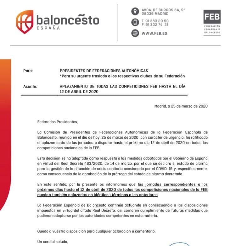 AdeplaBasket's tweet photo. El aplazamiento de la competición se extiende hasta la jornada 11-12 de abril debido a la ampliación del estado de alarma https://t.co/7dfEti4y7t