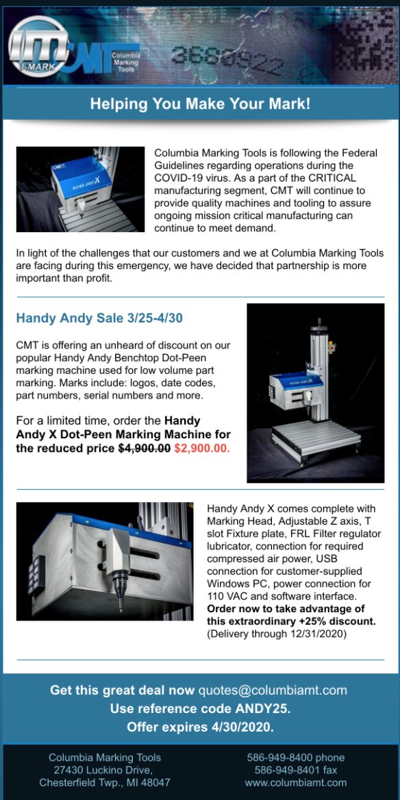 marcsteeleCMT's tweet image. It is our Honor at CMT to continue to support the CRITICAL manufacturing sector during this crisis. #manufacturing #madeinUSA #markingtools #COVID19strong marking-machines.info/?p=12317