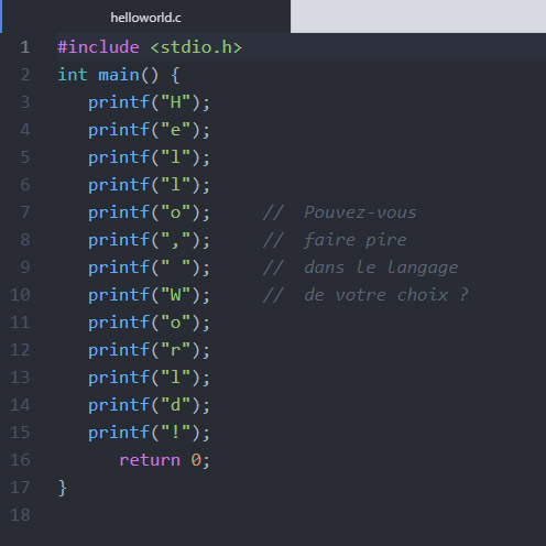 42born2code's tweet photo. Attention, âmes sensibles s'abstenir. Votre pire Hello World dans le langage de votre choix ça ressemble à quoi ? #42atom https://t.co/ZwthcAaWM4