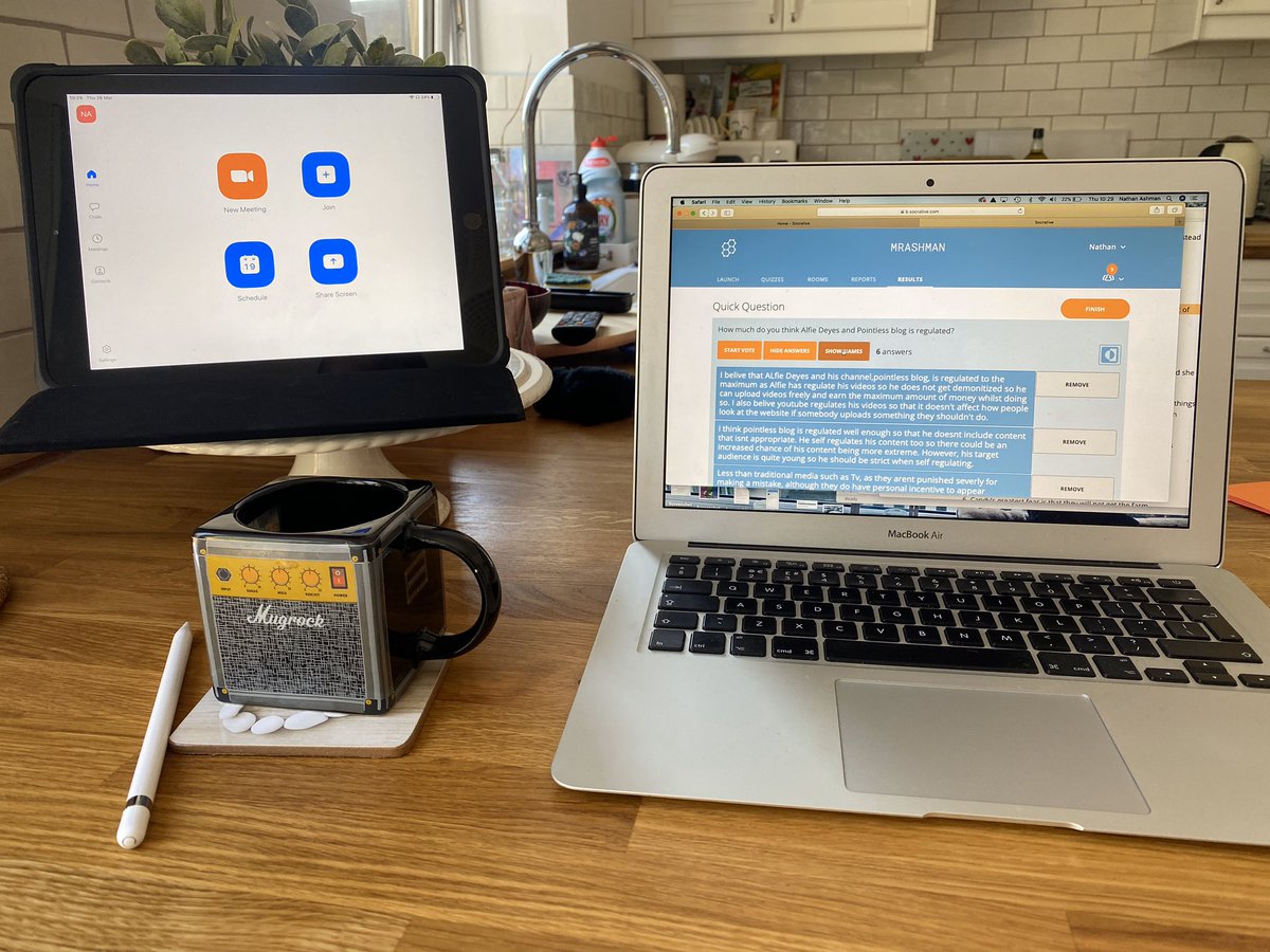 Nathanashman's tweet photo. Successful setup for my Year 12s today. @zoom_us meeting followed by @Socrative discussion to apply learning. Worked a treat @LouiseRawcliffe @sduerden22 @ReesHeulwen @katban70 https://t.co/fKmBNQ8IE2