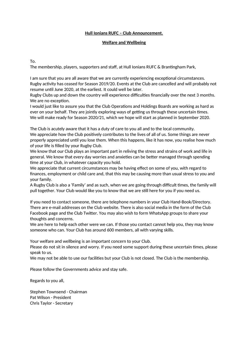 Ioniansrufc's tweet image. Club announcement on Welfare and Wellbeing: