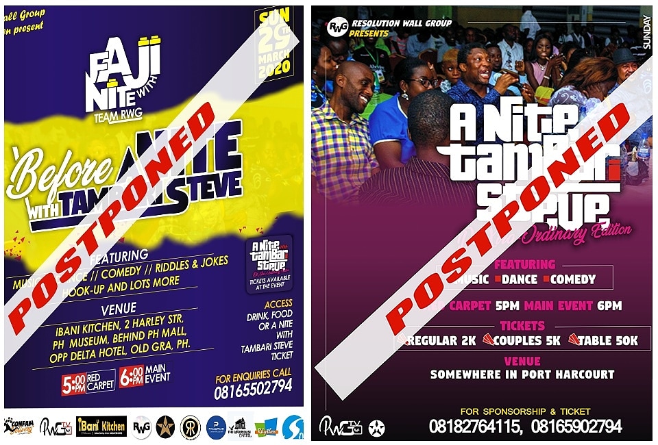 rwgblognews's tweet photo. Due to the directive from Rivers State Government on shutting down clubs and public gathering with Effect from March 23rd 2020.
As a law abiding brand & for the purpose of safety, we hereby Postpone the march Edition of #FajiNite & #ANiteWithTambariSteve https://t.co/bHXrQzW4au
