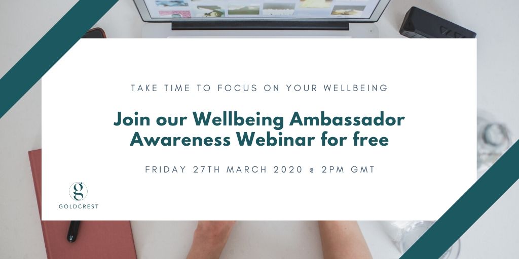 Goldcrest2020's tweet photo. Free wellbeing webinar - positive psychology tools to manage your own stress and help others. Signup here: https://t.co/goLxrigwPC
#wellbeing #mentalhealth #CoronavirusLockdown #WFH https://t.co/ZIJpL1ANMx