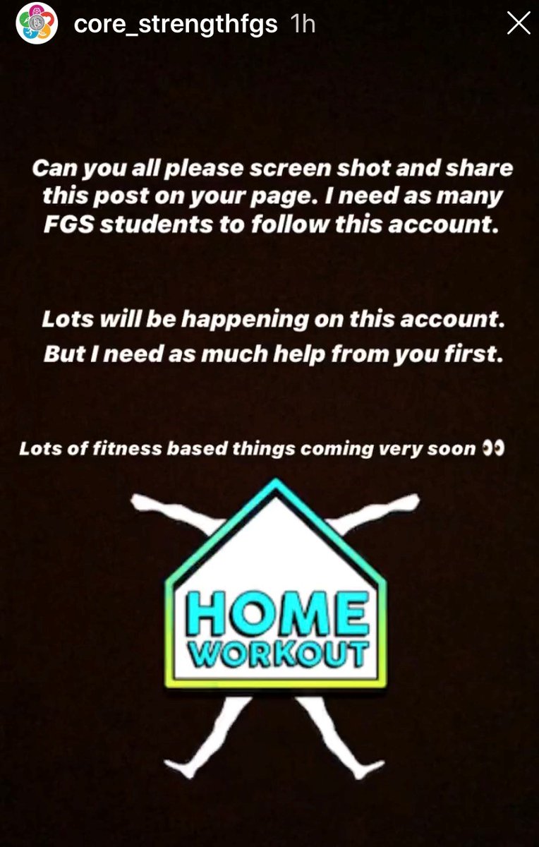 FGS please share - request from Miss Collier follow  instagram (core_strengthfgs) daily workouts commencing MONDAY 30th MARCH - equipment free &amp; accessible for whole family. 
<a href="/FGS_Eng/">FGS English Department</a> <a href="/FGSsports/">PE SPORT</a> <a href="/FGSlanguages/">FGS Languages</a> <a href="/FGS6thForm/">FGS Sixth Form</a> <a href="/FgsCultureEthos/">Culture & Ethos @ FGS</a> <a href="/FGSperf_arts/">@FGSperforming-arts</a> <a href="/FGSCareers/">Irene Bates</a> <a href="/TraffordSSP/">Trafford SSP</a>