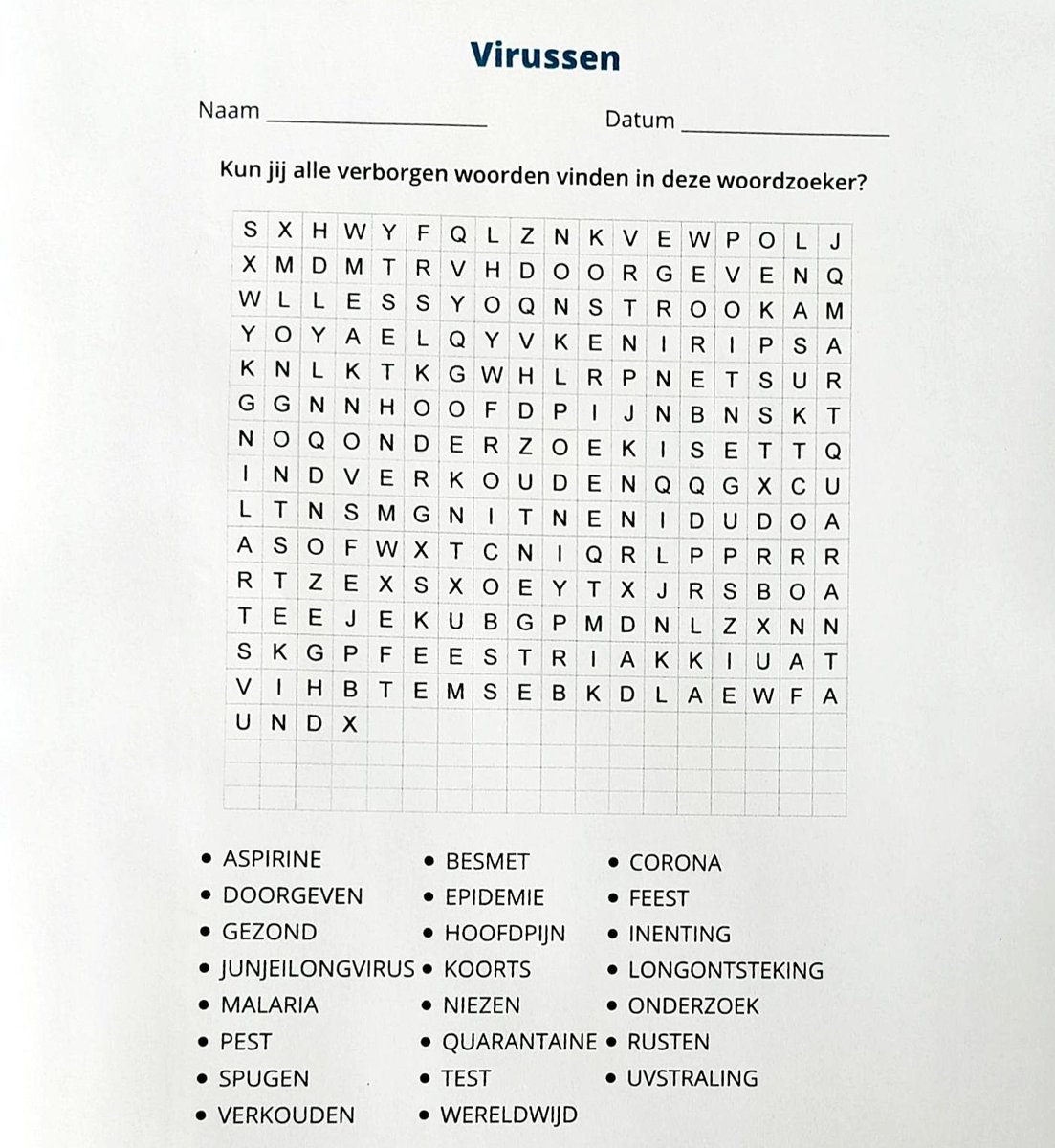 Onze jongste dochter Elin, heeft als huiswerk een woordzoeker gemaakt. Geheel in het thema van het kwartaal! Zoeken jullie mee? 
Retweeten mag, niet erg als deze wél 'viraal' gaat! ;)
#COVID19 #huiswerk #StayAtHome
