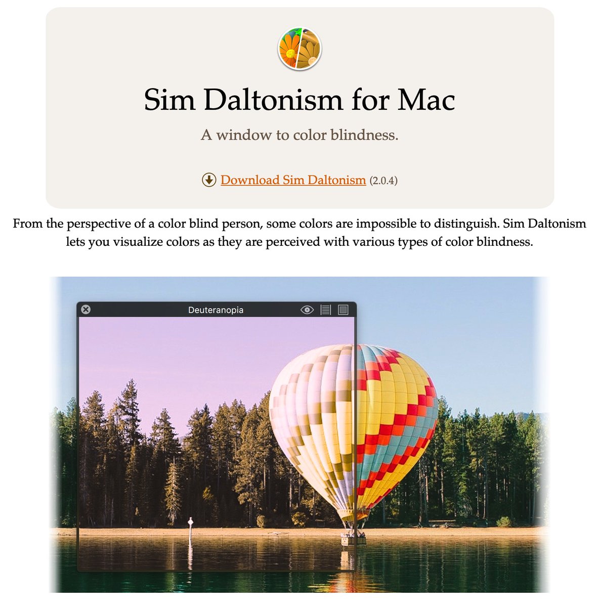Sim Daltonism 是一款开源的色盲模拟器，可模拟红绿色盲、原色盲、三色盲等等，在 iOS 上可通过相机直接模拟，在 Mac 上只需将图片导入即可模拟。链接：michelf.ca/projects/sim-d…