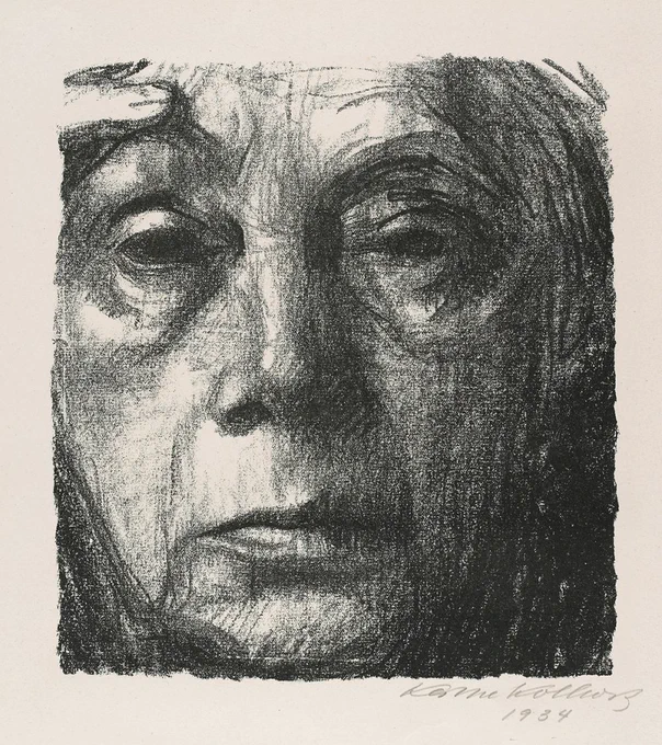 Käthe Kollwitz did a *lot* of self portraits throughout her life
the later ones were understandably more confrontational and somber 
