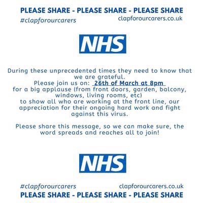 #clapforourcarers ❤️

Tonight at 8pm join in with #clapforourcarers which launches with a sound alert in Middlesbrough. 

Show support for our amazing NHS staff working tirelessly to save lives ❤️

People of Middlesbrough! Open windows and doors &amp; get clapping!! 👏 #ClapforNHS