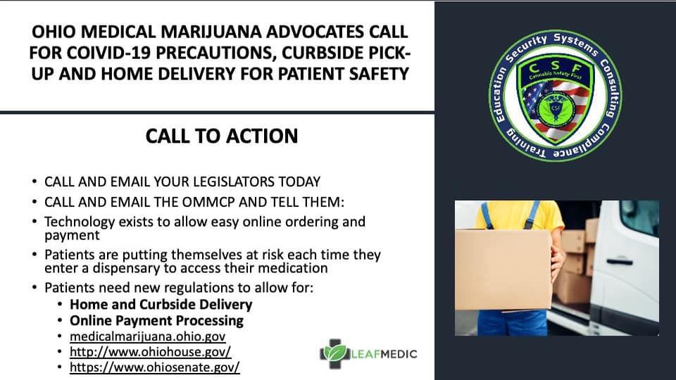 ccc_ohio's tweet photo. CALL TO ACTION! PLEASE HELP!
Leaf Medic supports Cannabis Safety First in their ask of the OMMCP to provide curbside pick-up, delivery, &amp; online payment for medical cannabis in Ohio. Join us in petitioning your government officials to make needed changes to the OMMCP regulations! https://t.co/uNp7VNeLCx