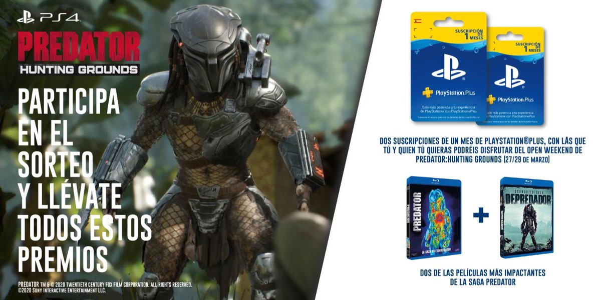 AlfaBetaJuega's tweet photo. 🔴 SORTEO EXPRESS 🔴

Gana 2 códigos mensuales PS Plus + 2 Blu-Ray de Predator para celebrar el Open Weekend de Predator: Hunting Grounds del 27 al 29 😍😍

✅ RT
✅ Menciona a un amigo
✅ Responde: ¿En qué equipo estarías? con el HT #PredatorPS4Sorteo

▶ https://t.co/PqW0aeJ3UY https://t.co/X9pDt4DvAB